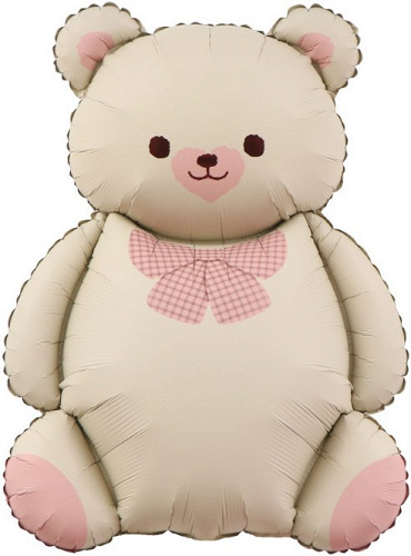 Шар (35"/89 см) Фигура, Мишка с бантиком, Кремовый, Сатин, 1 шт. в уп.