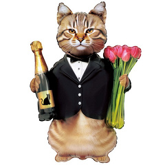 Шар (46''/117 см) Фигура, Кот с тюльпанами и шампанским, 1 шт. в уп.