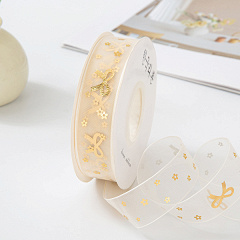 Лента Декоративная, Органза, Бантики Золотые, 2,5 см*9 м