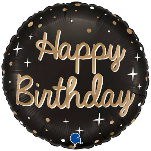 G Шар (18"/46 см) Круг, HAPPY BIRTHDAY, Черный. 1 шт.