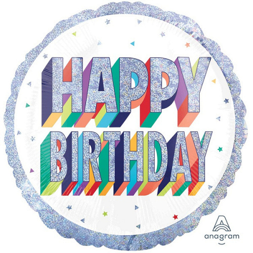 A Шар (18"/46 см) Круг, Happy Birthday, Голография, 1 шт. в уп.