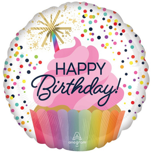 A Шар (18"/46 см) Круг, Happy Birthday, Кекс, Розовый, 1 шт. в уп.