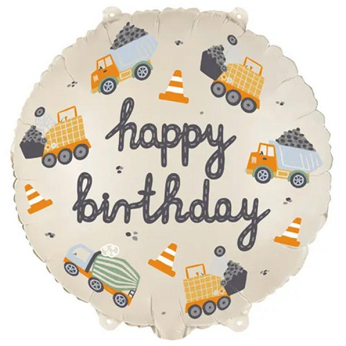 ПД Шар (18"/46 см) Круг, Happy Birthday, Строительные машины, 1 шт. в уп.