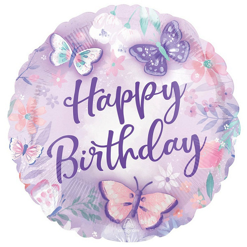 A Шар (18''/46 см) Круг, Нappy Вirthday, Бабочки, Нежные, 1 шт. в уп.