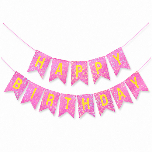 Гирлянда Флажки, Happy Birthday, Розовый/Золото, Голография, 500 см, 1 уп.