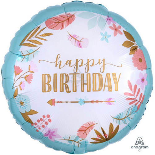 A Шар (18"/46 см) Круг, Happy Birthday, Бохо, 1 шт. в уп.