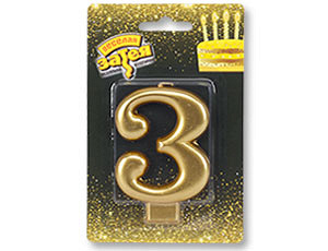 Свеча -цифра "3" Золотая 8см/V