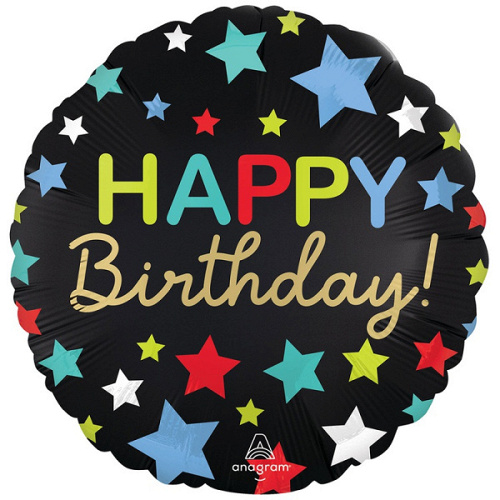 A Шар (18"/46 см) Круг, Happy Birthday, Звезды, 1 шт. в уп.