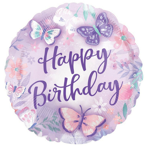 A Шар (18''/46 см) Круг, Нappy Вirthday, Бабочки, Нежные, 1 шт. в уп.