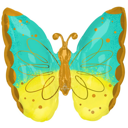 A Шар (25"/64 см) Фигура, Бабочка, Mint/Yellow, 1 шт. в уп.