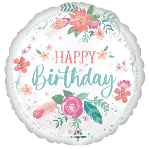 A Шар (18"/46 см) Круг, Нappy Вirthday, Нежные цветы, 1шт. в уп.