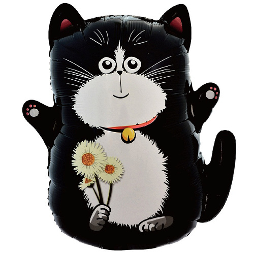 Шар (25"/64 см) Фигура, Кот черный с букетом ромашек, 1 шт. в уп.