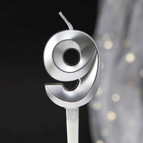 Свеча Цифра 9,  Грани, Серебро, 5 см, 1 шт.